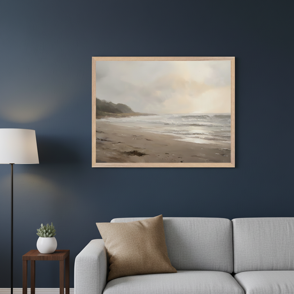 Modern living room with a grey sectional sofa, dark wood side table, and floor lamp. A light wood-framed painting of a beach with waves, sand, and a cloudy sky in muted tones hangs centered above the sofa on a dark blue wall.