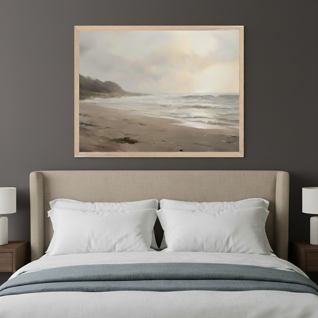 Modern bedroom with a beige fabric bed and white bedding. A large framed painterly artwork of a misty beach with crashing waves and distant dunes hangs centered above the headboard. Side tables with lamps are visible.