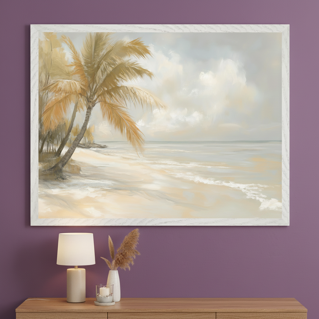 Modern living room with a purple wall. A large framed painting of a tropical beach with palm trees and ocean hangs above a light wood console table. A lamp, vase with pampas grass, and candle are on the table.
