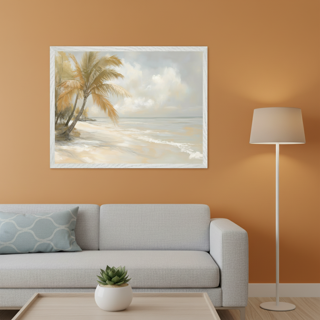 Modern living room with a light gray sofa and a wooden coffee table. A large framed painting of a tropical beach with palm trees and ocean waves hangs centered above the sofa. A white floor lamp stands to the right.