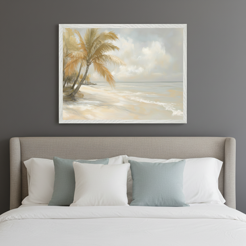 Modern bedroom with a grey upholstered bed. A framed painting of a sandy beach with palm trees and ocean under a cloudy sky hangs centered above the bed.
