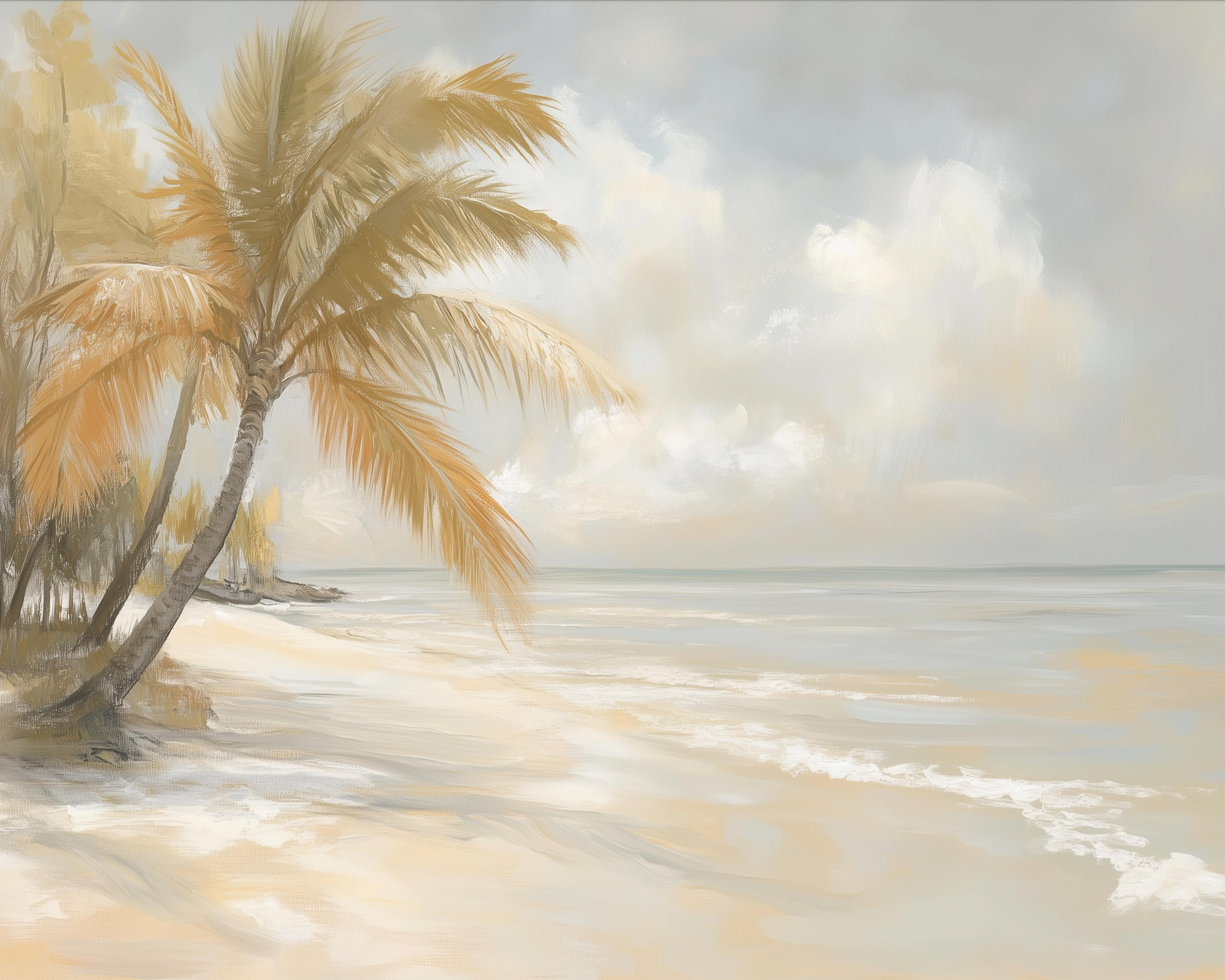  A gently curving palm tree stretching over a light sandy beach with waves rolling in under a partly cloudy sky, backed by more trees and distant shoreline.