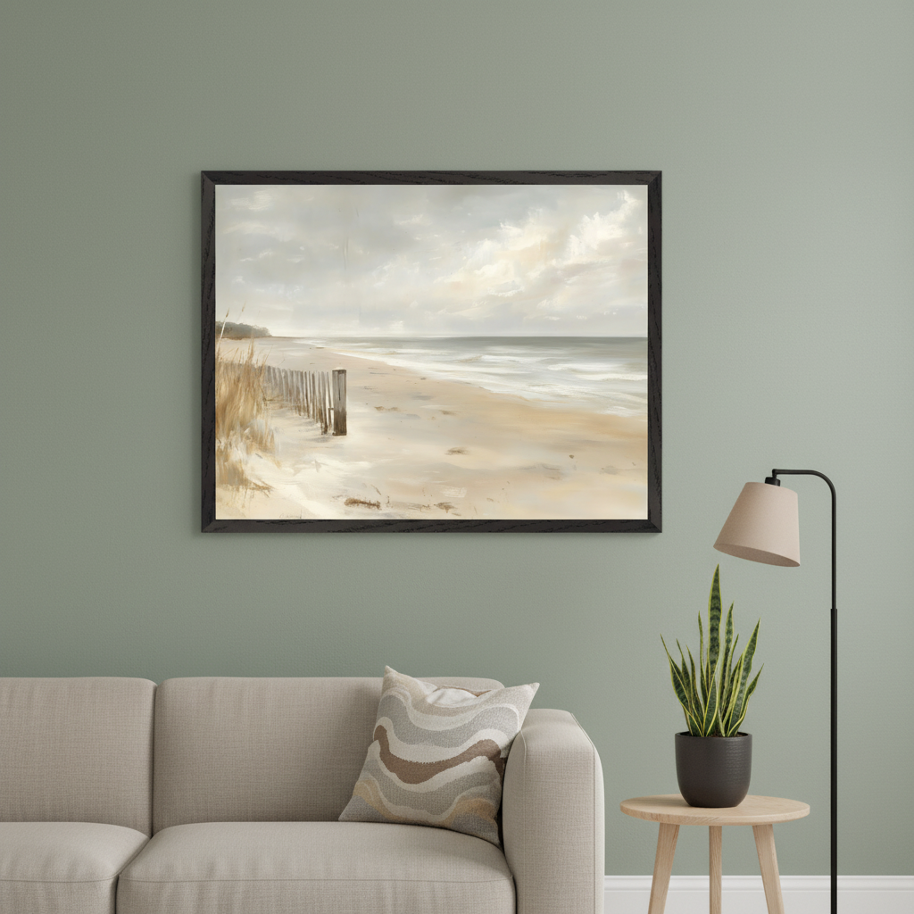 Modern living room with a light beige sofa. A large framed painterly print of a sandy beach with a cloudy sky, ocean, and a wooden fence hangs above the sofa. A floor lamp and potted plant are on a side table to the right.