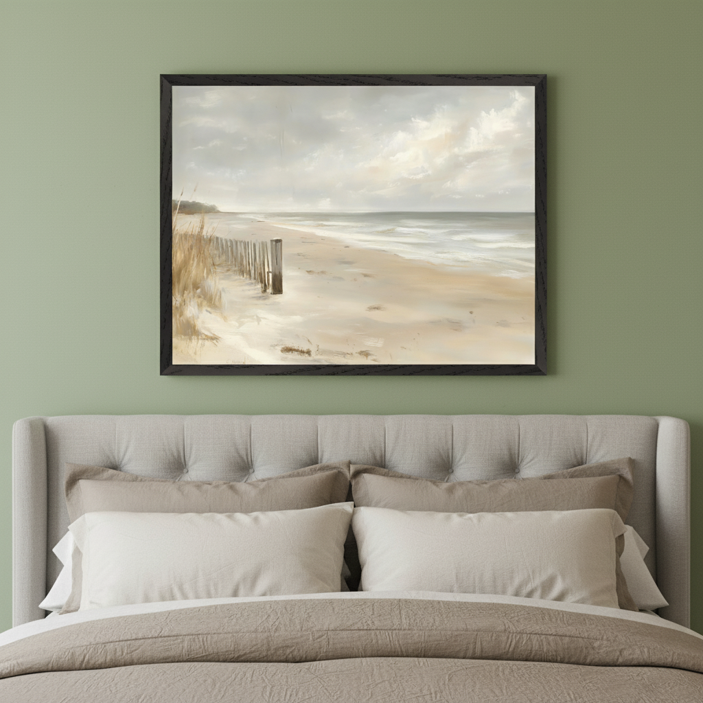 Modern bedroom with a light grey upholstered headboard. A large framed landscape painting of a beach with wooden posts, dry grass, and a cloudy sky hangs centered above the bed.