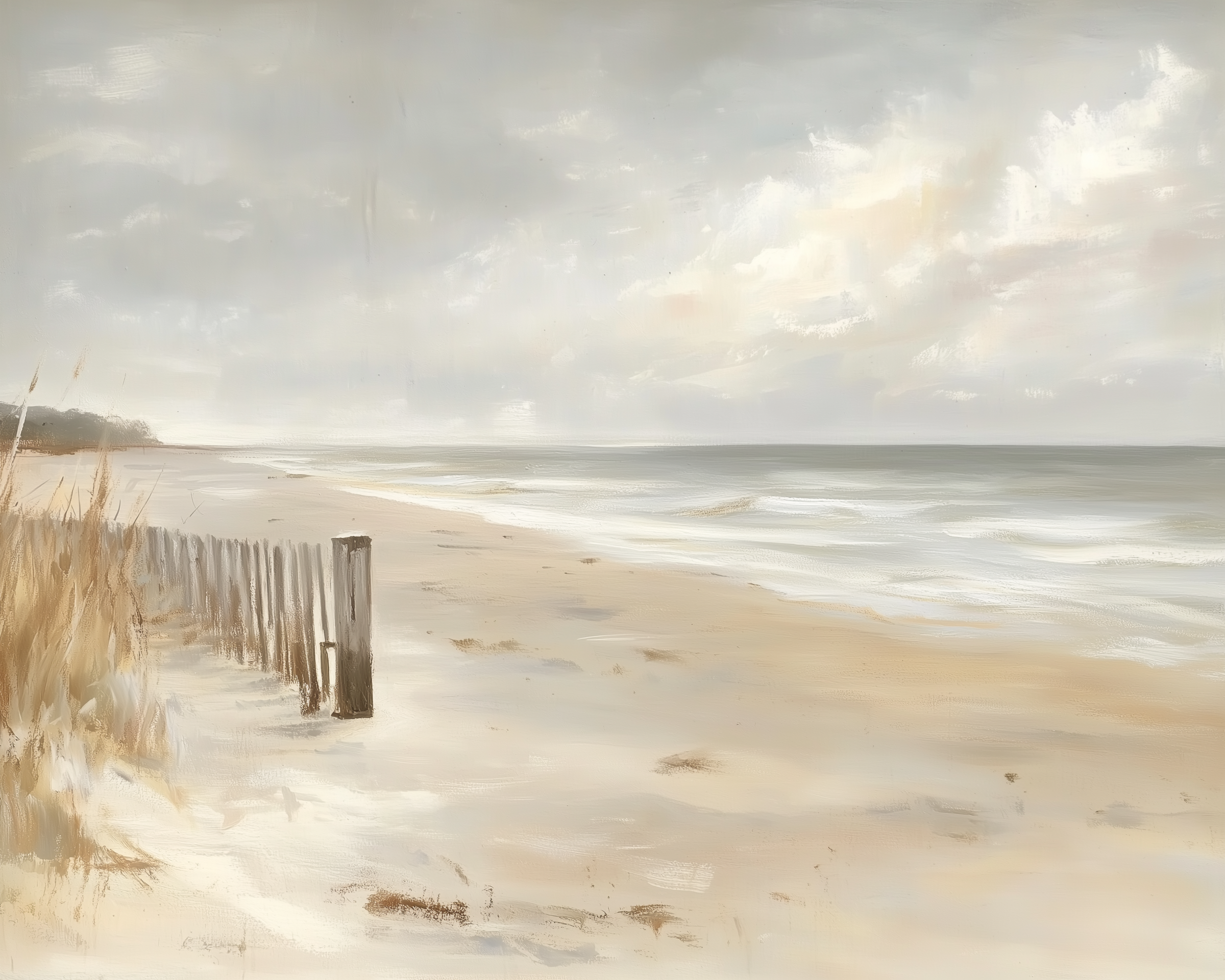  A weathered wooden fence runs alongside tall beach grass on a quiet sandy shore, with soft waves rolling in under a pastel sky.
