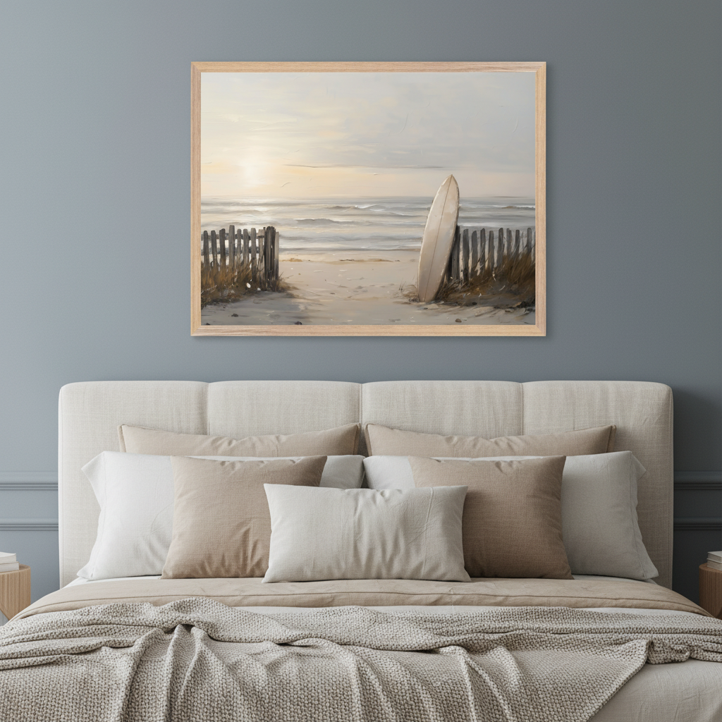 Neutral bedroom with a beige upholstered bed. A large framed painting above the bed shows a sunset beach path with a wooden fence and a surfboard, rendered in a painterly style on a gray wall.