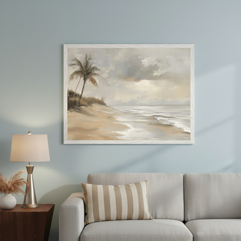 Living room with a light gray sofa and dark wood side table. A framed painterly artwork of a sandy beach, palm trees, ocean waves, and a cloudy sky in muted tones hangs centered above the sofa.
