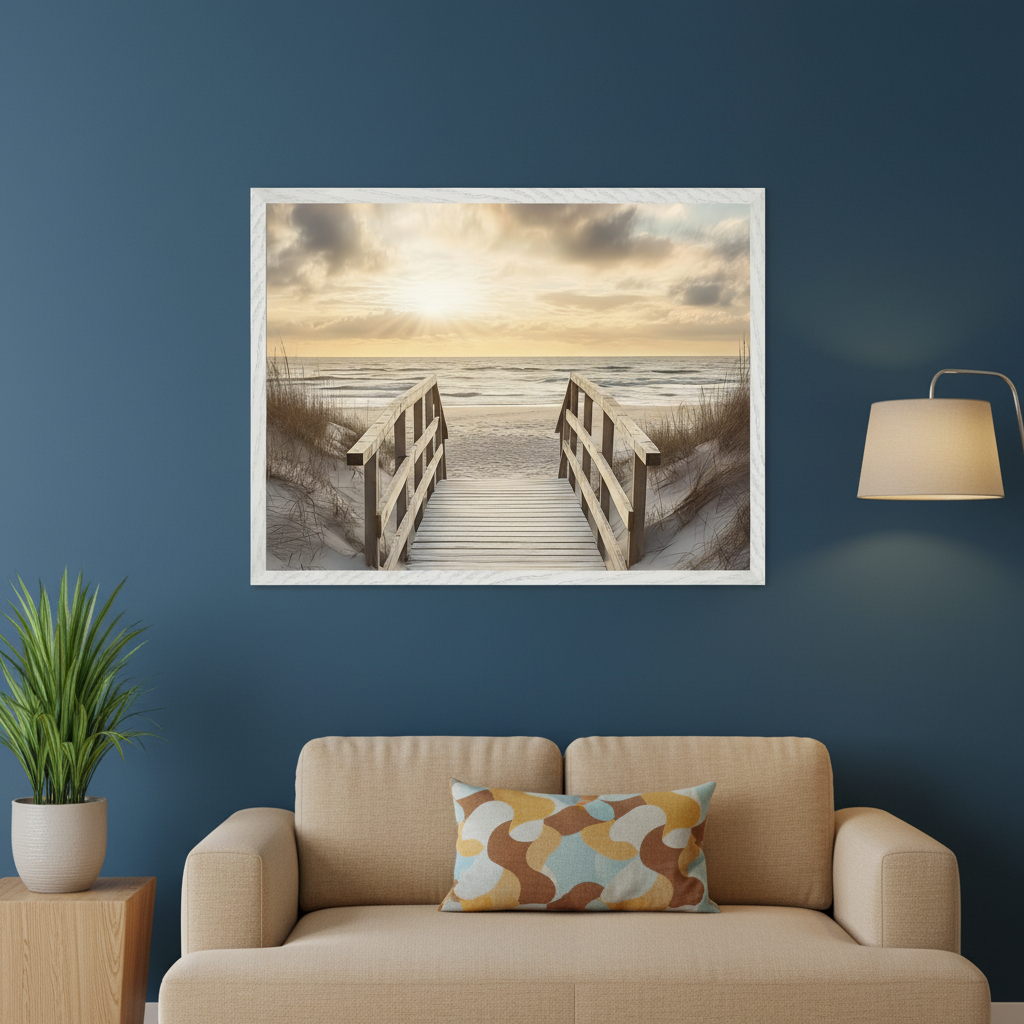 Modern living room with a tan sofa. A large framed print of a wooden boardwalk on a sandy beach leading to the ocean under a radiant sunset sky hangs centered above the sofa.