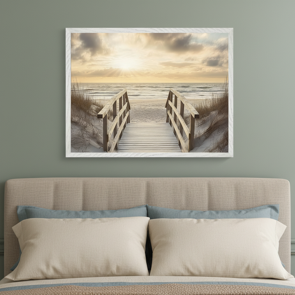 Bedroom with a sage green wall and beige upholstered bed with pillows. A large framed photograph of a wooden boardwalk leading through sand dunes to a beach at sunset, with sun rays over the ocean, hangs centered above the bed.