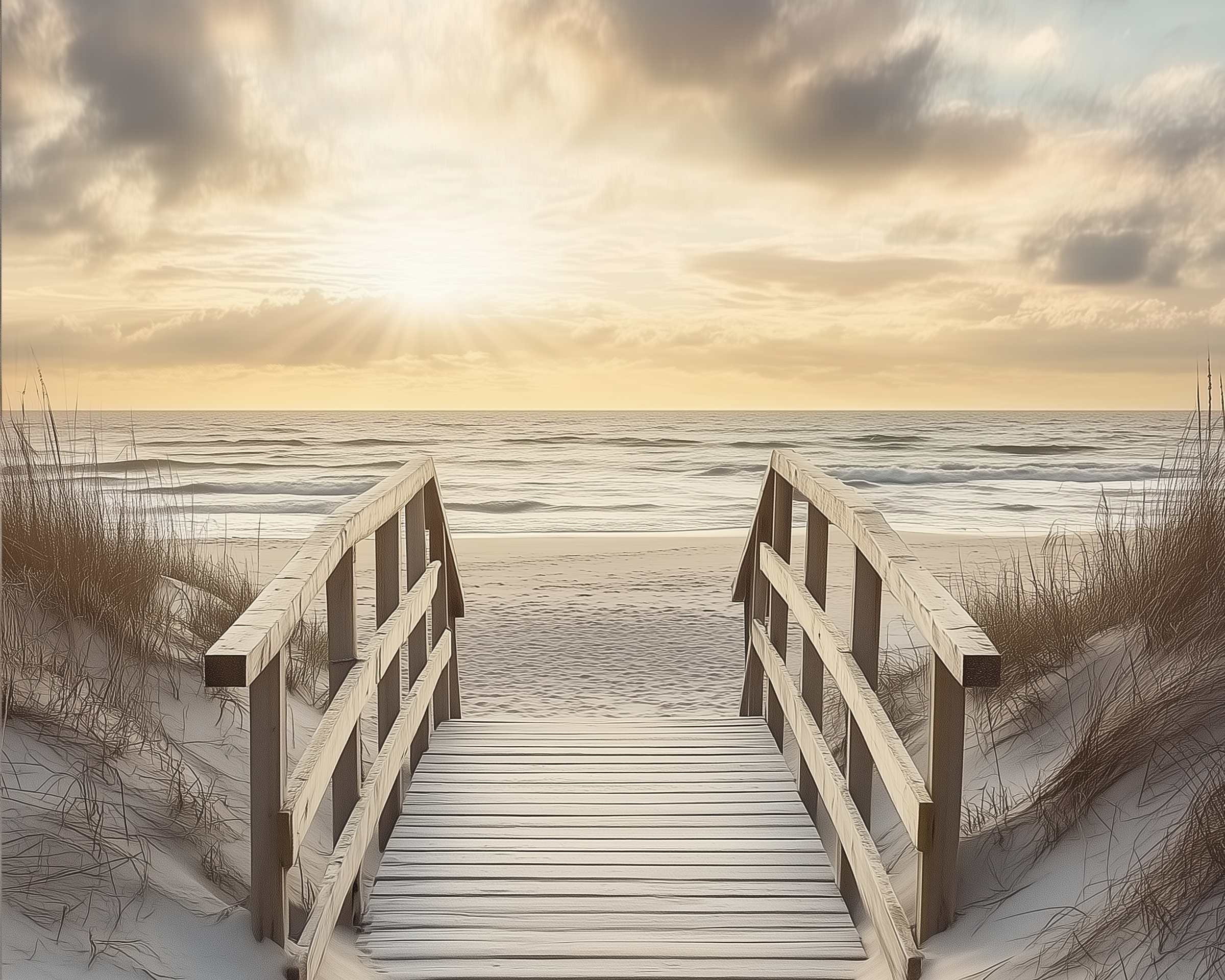 Wooden boardwalk leading through tall sea grasses toward a serene beach and calm ocean at sunrise, soft golden light filtering through clouds. A tranquil image suitable for family-friendly content, symbolizing new beginnings and seaside escape.
