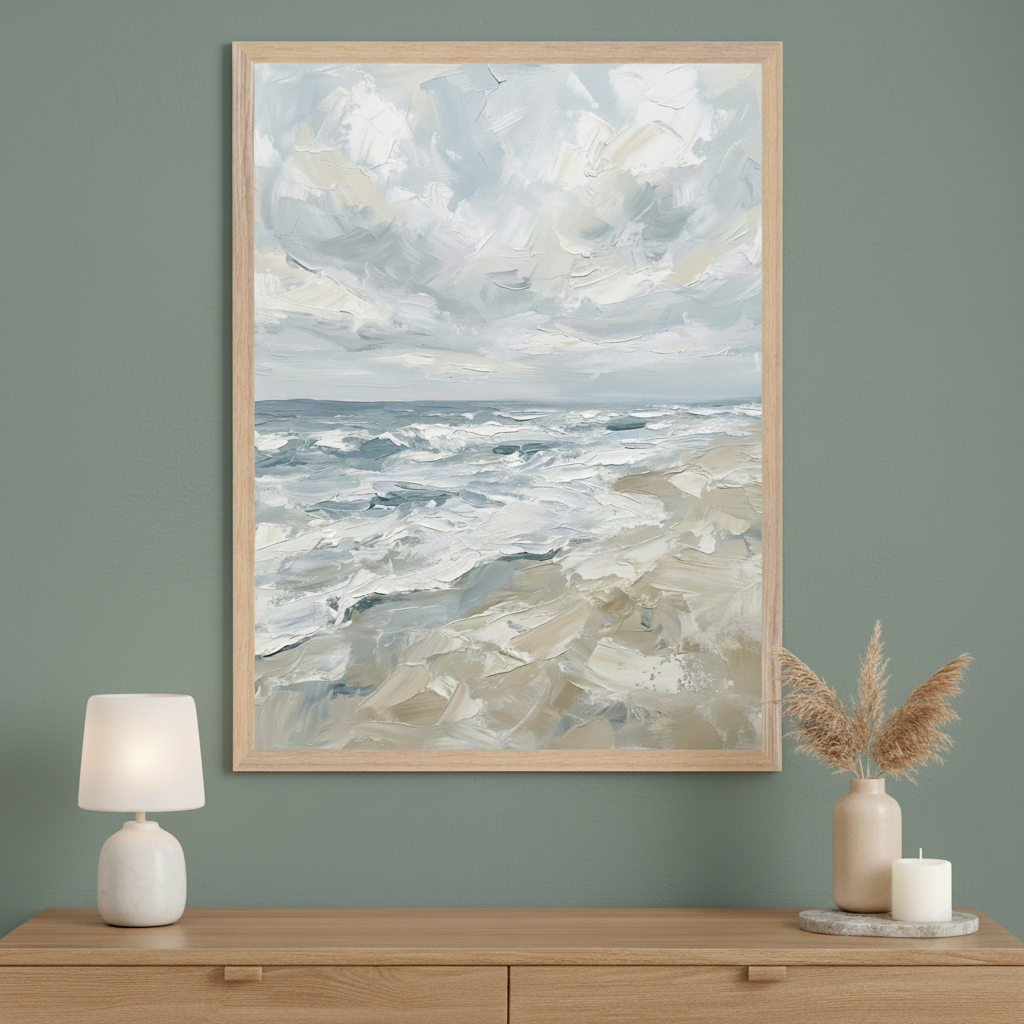 Modern room with a green wall and a light wood dresser. A large framed textured painting of a coastal scene with breaking waves and a sandy shore hangs centered above. A lamp and a vase with pampas grass are on the dresser.