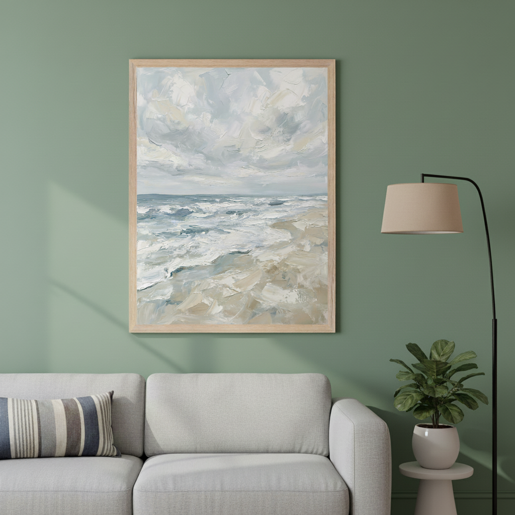 Modern living room with a grey sectional sofa against a green wall. A large framed impasto painting of a beach with waves and a cloudy sky hangs above the sofa, to the left of a black floor lamp.