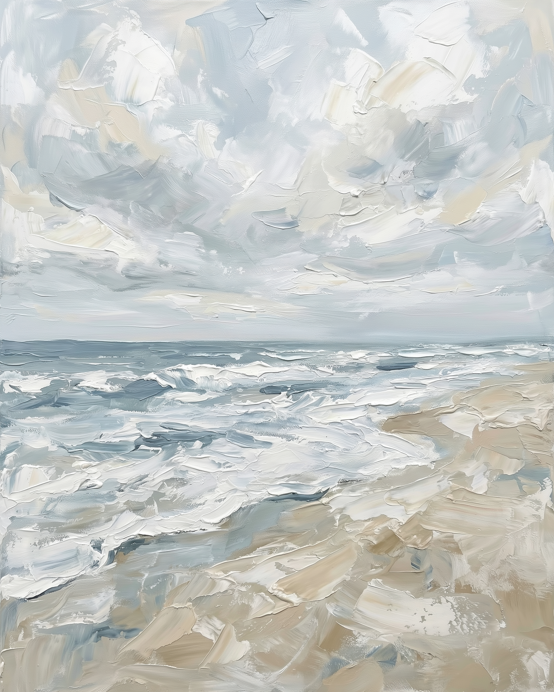 Oil-paint-style depiction of an overcast seashore with white-capped waves rolling onto a textured sandy beach. Thick, expressive brushstrokes create motion and atmosphere, making the piece suitable for calming, family-friendly visuals.
