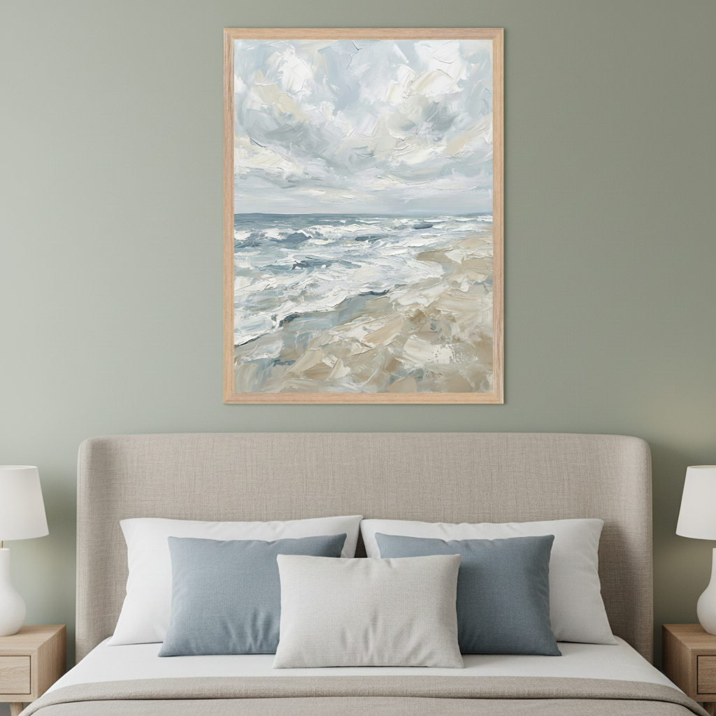 Modern bedroom with an upholstered bed. A large framed textured painting of a beach scene with ocean waves and a cloudy sky hangs centered above the bed.