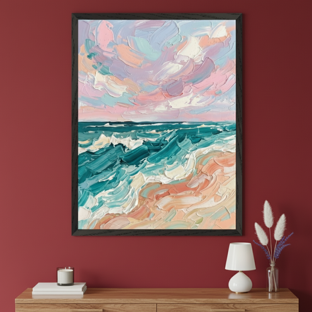 Impasto painting of a colorful beach scene with pink and blue clouds, turquoise waves, and orange sand in a black frame, centered above a wooden dresser against a red wall in a modern room.