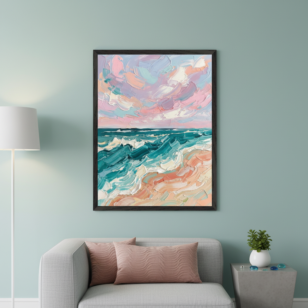 Modern living room with a grey sofa, pink pillows, and a floor lamp. A framed textured impasto painting of a beach scene with ocean waves, sand, and a pastel sky hangs centered above the sofa. A side table with a plant is on the right.