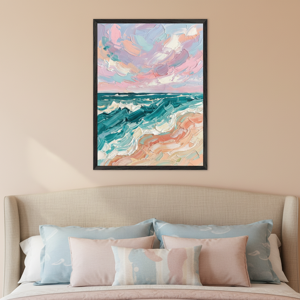 Modern bedroom with a beige upholstered bed. A textured impasto painting of a beach scene with a pastel pink and blue sky, teal ocean waves, and peach sand hangs centered above the headboard.