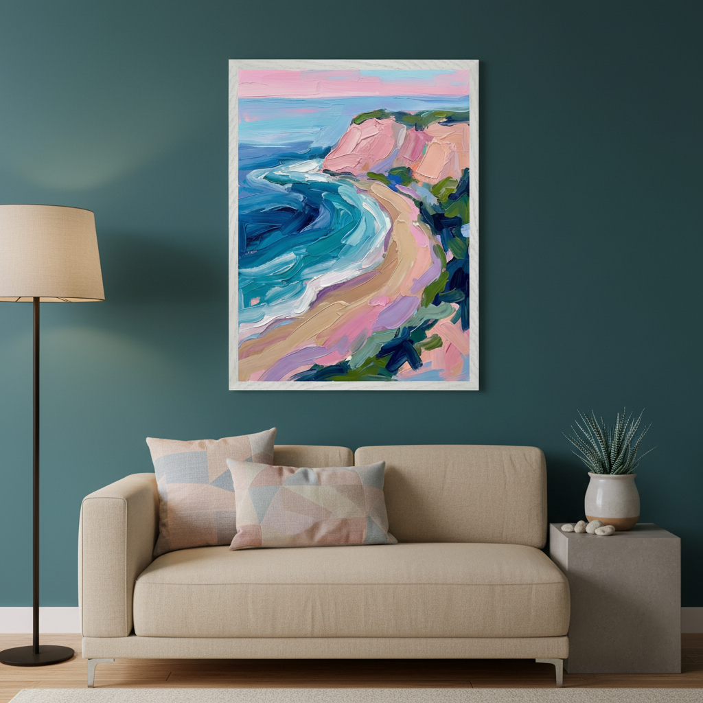 Living room with a dark teal wall and a beige sofa. A floor lamp is on the left, and a gray side table is on the right. A large framed abstract impressionist painting of a beach with pink cliffs and blue waves hangs above the right side of the sofa.