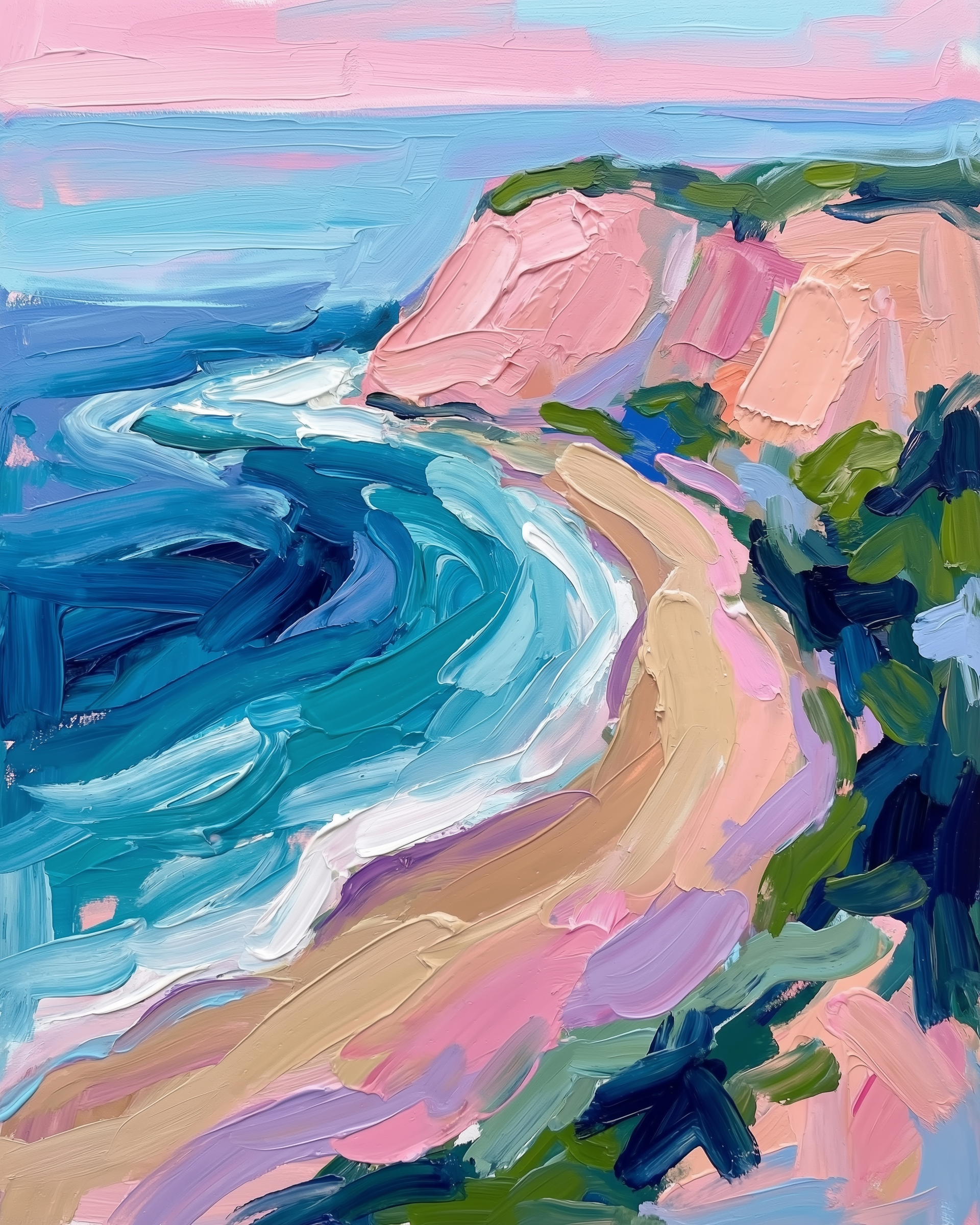 Impressionist-style painting of a coastal scene with swirling ocean waves, sandy shoreline, and pink cliffs under a pastel sky. A colorful and calming landscape ideal for a broad audience.
