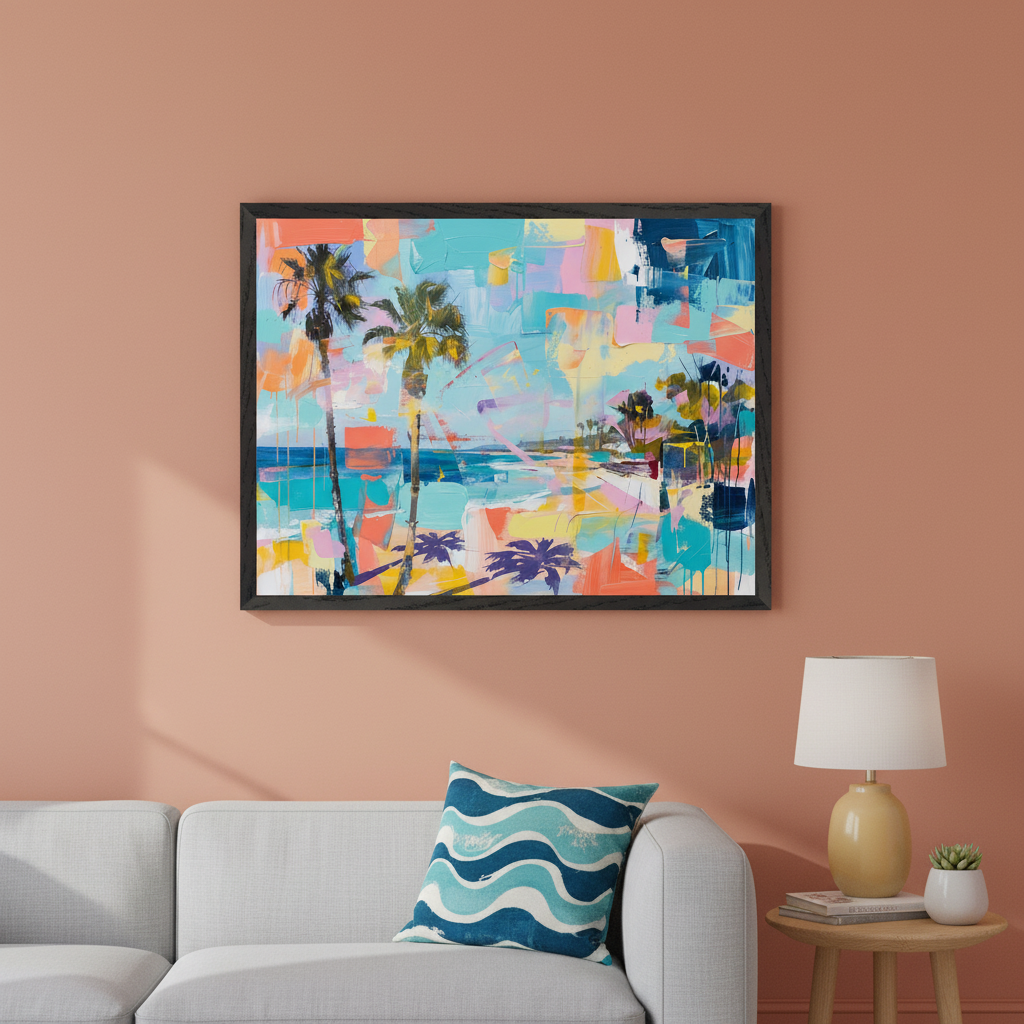 Modern living room with a light gray sofa, blue wavy cushion, and a wooden side table with a lamp. A large black-framed vibrant abstract painting of a beach landscape with palm trees and ocean hangs above the right side of the sofa.