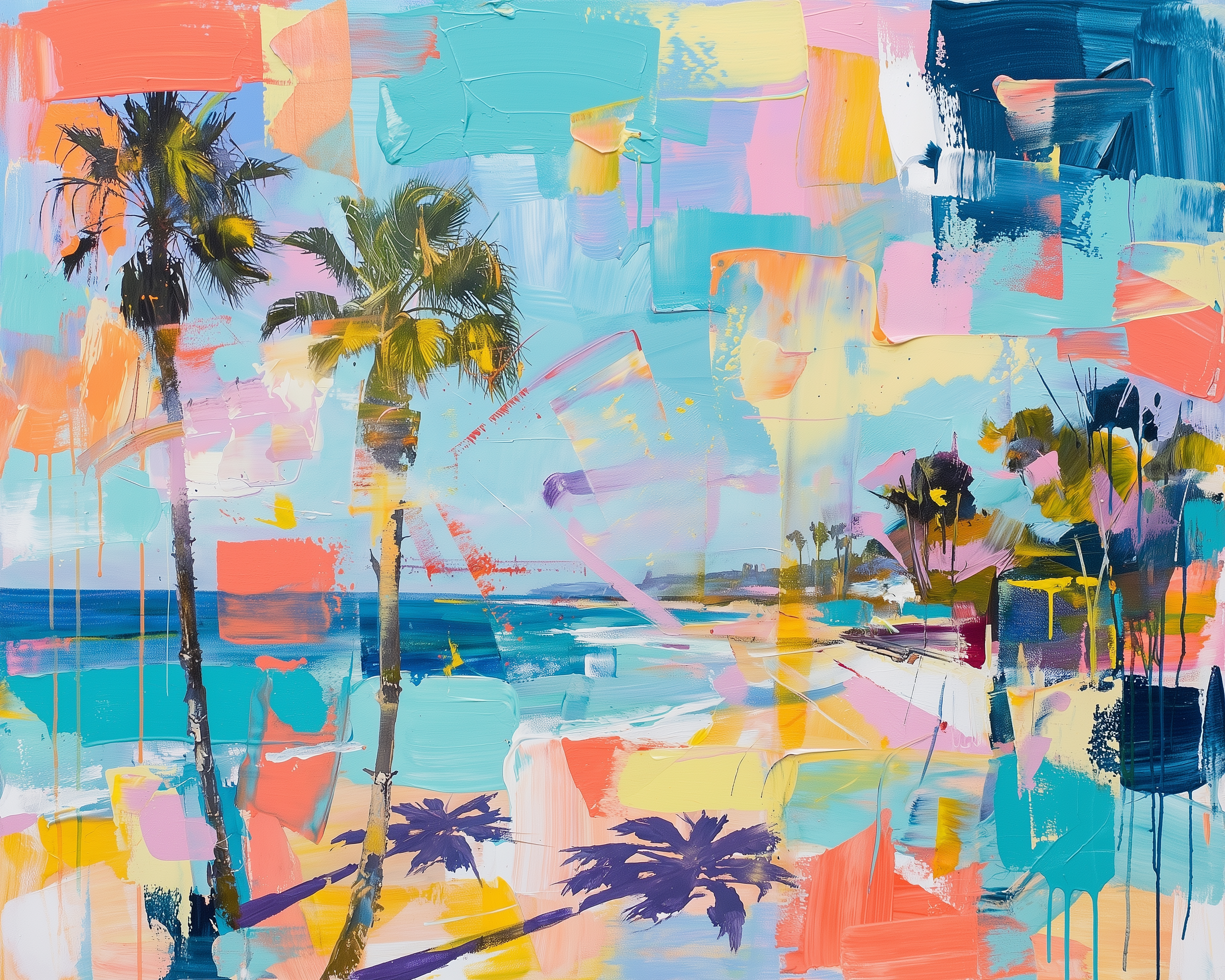 Bright and playful painting of palm trees by the beach with bold brushstrokes in pastel and neon colors, evoking a tropical summer vibe.