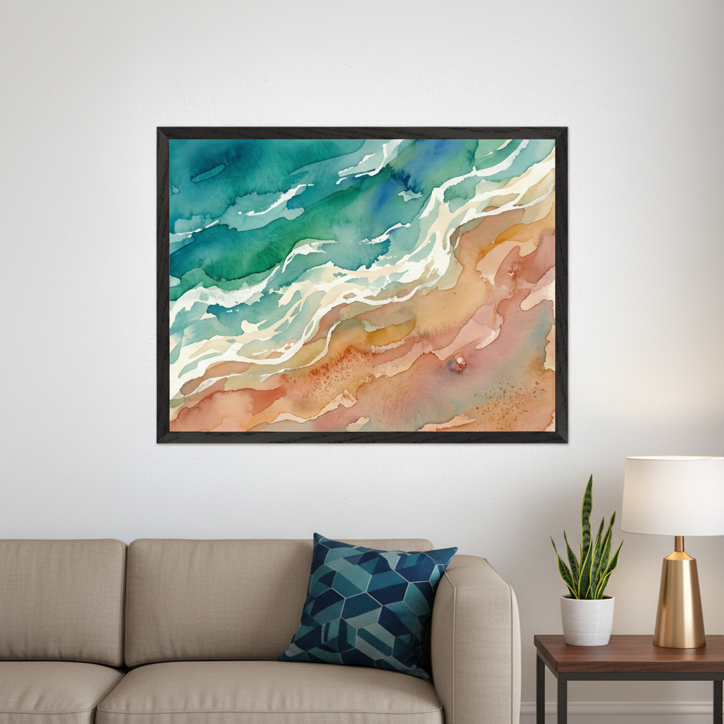 Modern living room with a light beige sofa and a blue pillow. A large framed watercolor painting of an aerial view of ocean waves crashing on a sandy beach hangs above the sofa. A side table with a lamp and plant is to the right.