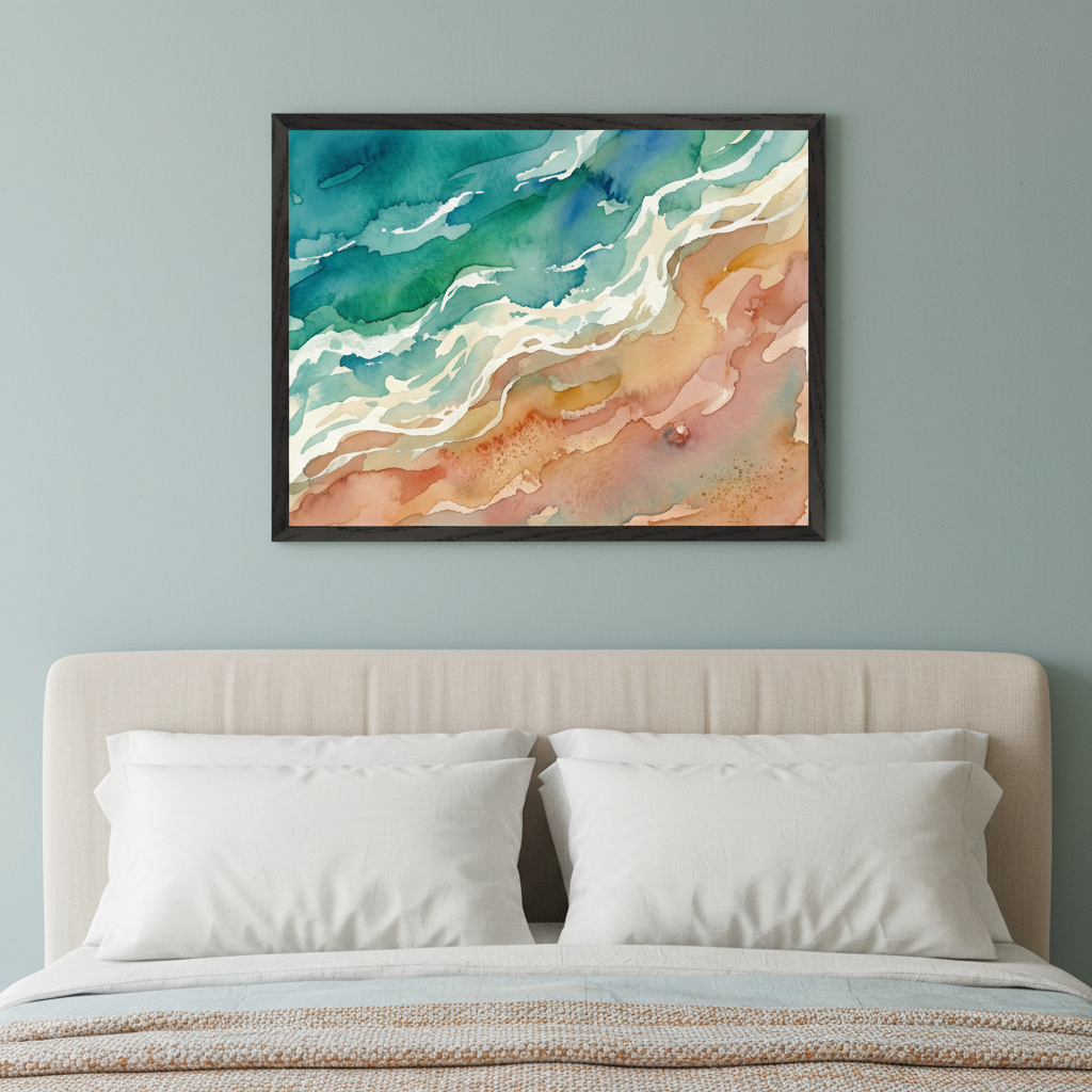 Bedroom with a light beige upholstered bed and white pillows. A framed watercolor painting of an aerial beach scene with turquoise waves and sandy shores hangs centered above the bed on a teal wall.