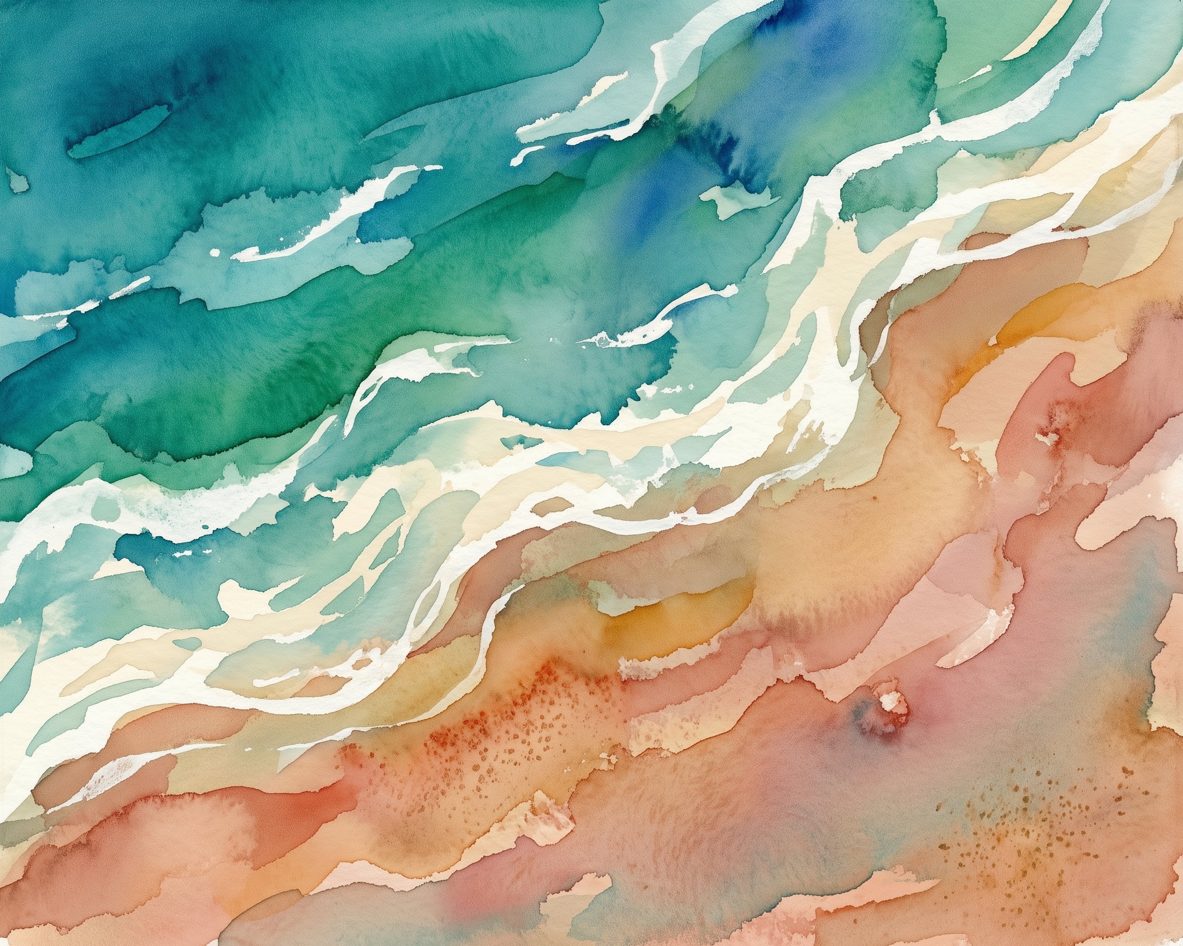 Soft watercolor painting of ocean waves meeting the sandy shore in flowing green, teal, and earthy tones with white foam accents.
