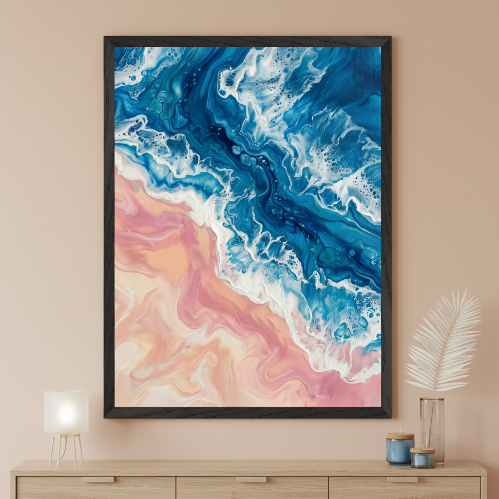 Modern room with a light wood dresser. A large black-framed abstract fluid art piece, showing blue ocean waves meeting a pink and orange beach, hangs centered above the dresser. A lamp and decor sit on the dresser.