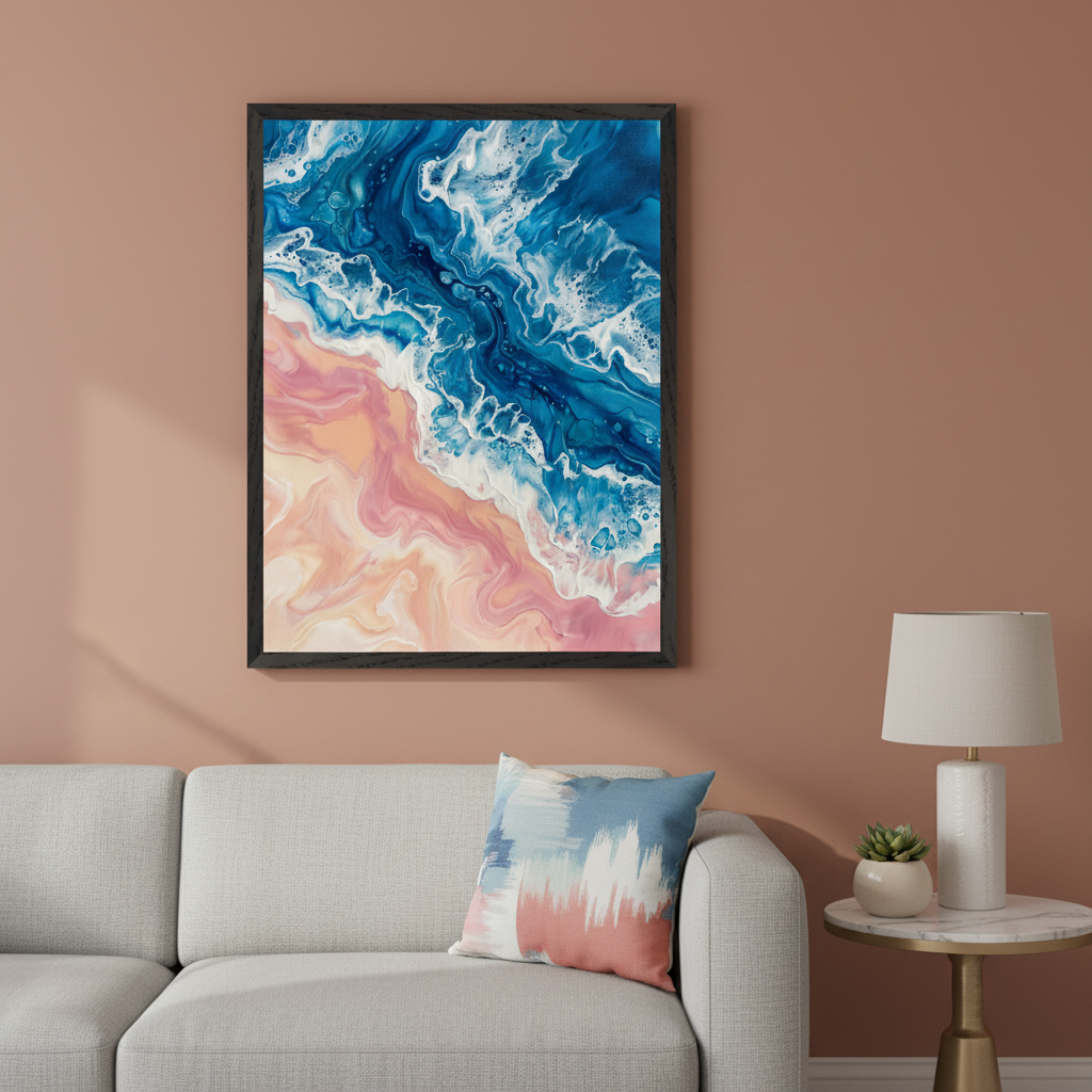 Modern living room with a light gray sofa. A large framed abstract fluid art painting of blue ocean waves on a pink sandy beach hangs on a terracotta wall above the sofa. A white lamp is on a side table to the right.
