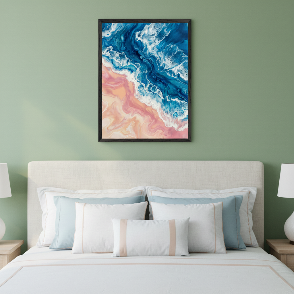 Modern bedroom with an upholstered bed and white bedding against a green wall. A framed abstract painting depicting blue and white waves on a pink beach hangs above the bed.