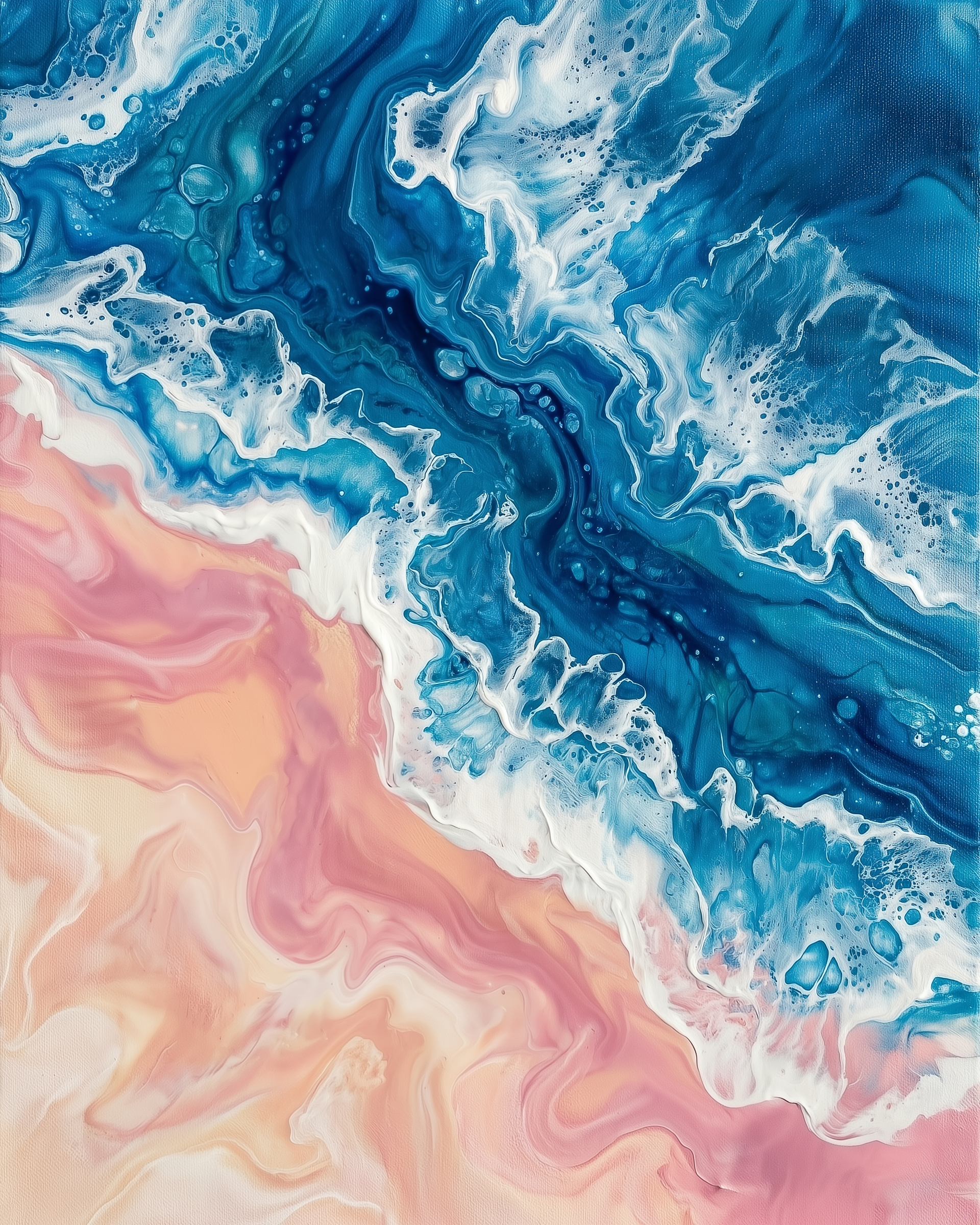 Abstract fluid painting of ocean waves meeting a sandy shore, with swirls of blue, white, pink, and peach tones.
