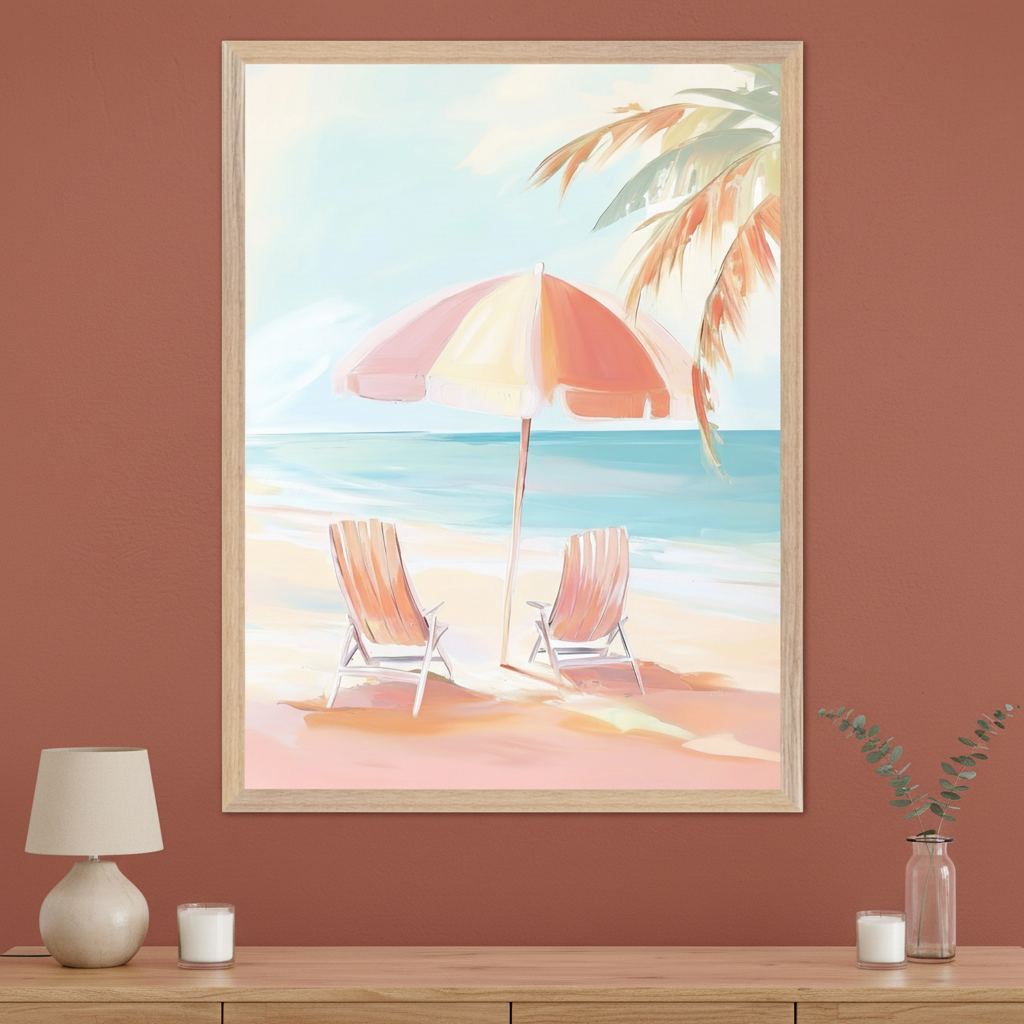 Room with a terracotta wall and a light wood cabinet. A large framed beach scene painting, featuring two lounge chairs, a striped umbrella, and a palm tree in a soft, painterly style, hangs above the cabinet. A lamp, candles, and eucalyptus in a vase decorate the cabinet.