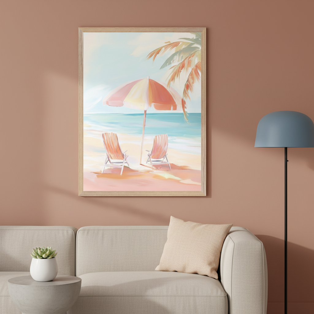Modern living room with a beige sofa, a gray side table with a succulent, and a blue floor lamp. A framed painting of a beach scene with a striped umbrella, two chairs, and a palm tree hangs centered above the sofa.