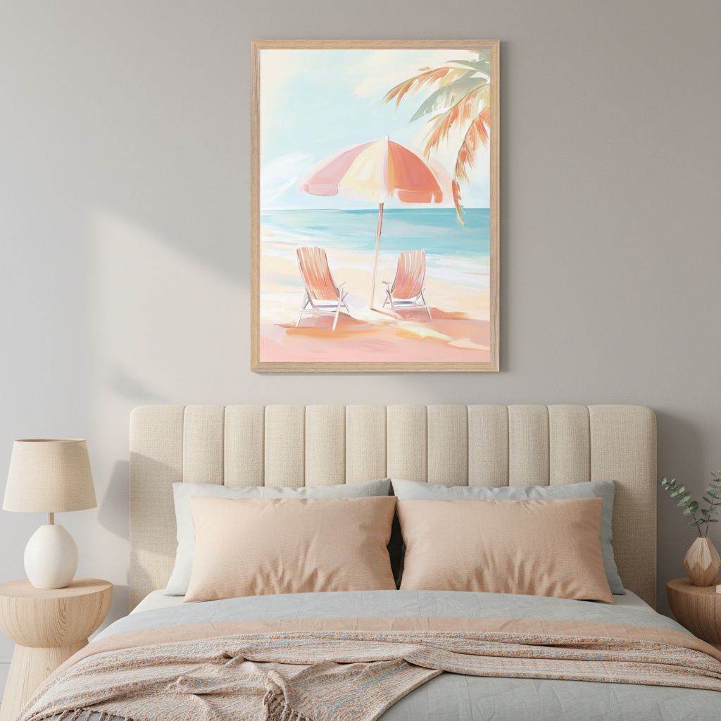 Modern bedroom with a beige upholstered bed and a wooden bedside table. A large framed painting of a beach scene with a striped umbrella, two chairs, and a palm tree hangs above the bed.
