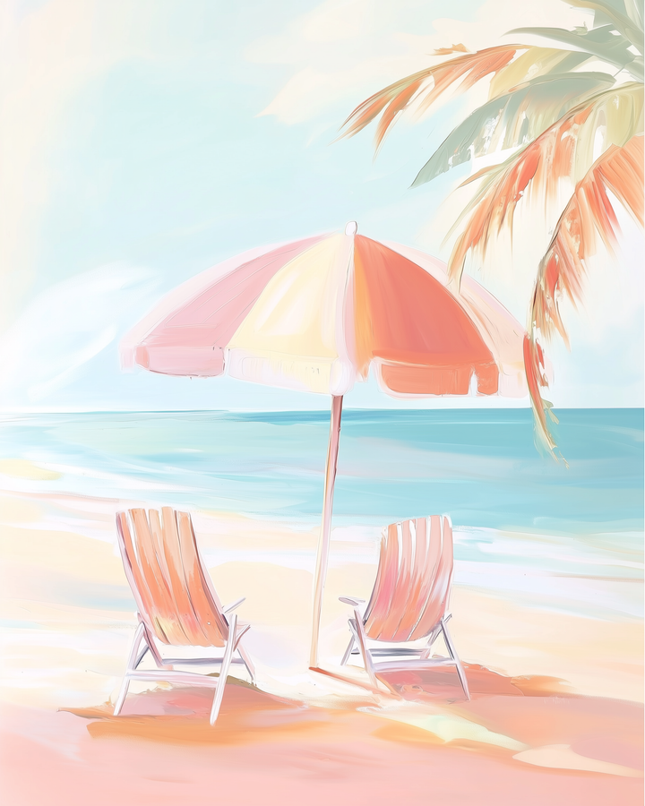 A peaceful beach scene featuring two pastel-colored lounge chairs beneath a striped umbrella by the ocean. A palm tree sways gently overhead, adding to the relaxed vacation vibe.