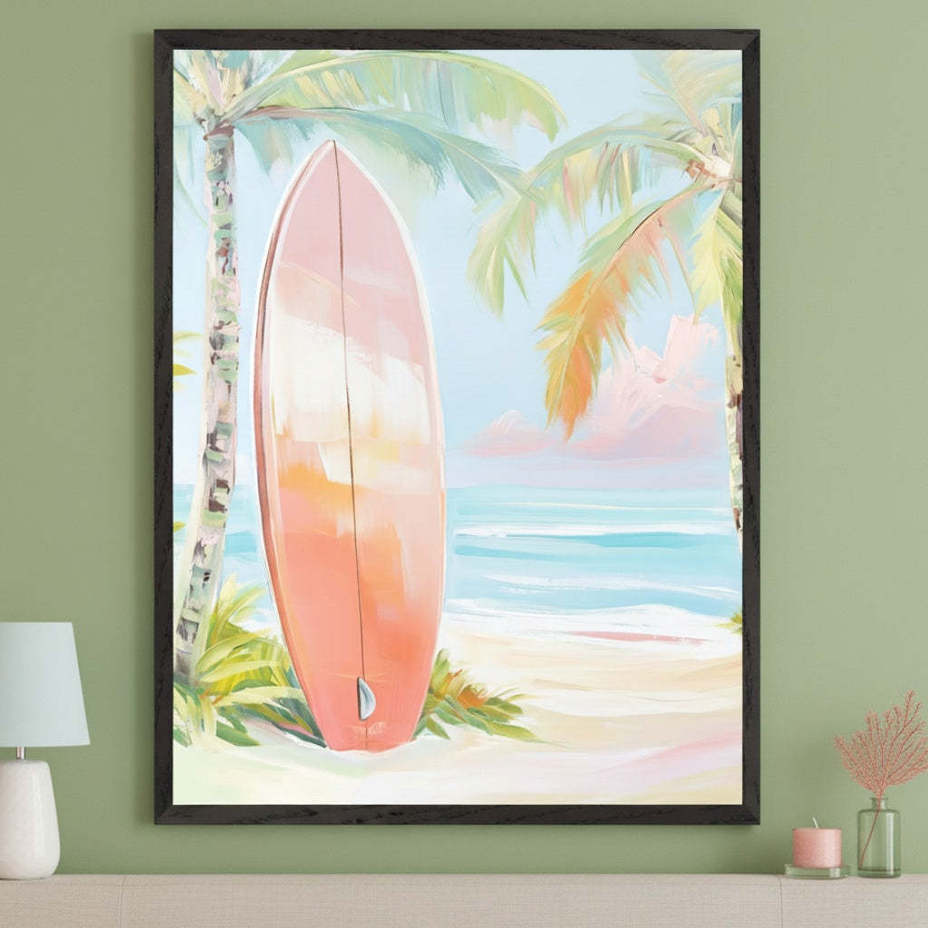 Modern living room with a light green wall and a light console table below. A white lamp with a light blue shade is on the left. A large black-framed painting of a tropical beach scene with a coral surfboard, palm trees, and ocean hangs centered above the console.