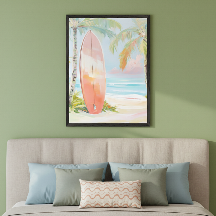 Bedroom with a beige upholstered bed. A framed painting of a salmon surfboard on a tropical beach with palm trees and ocean, in a painterly style, hangs centered above the bed.