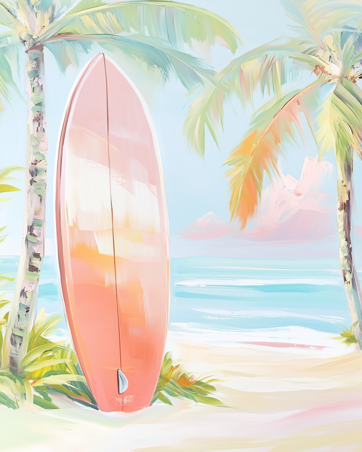 A pastel-toned painting of a pink and orange surfboard propped upright in the sand between palm trees. The soft blue ocean and pink clouds in the background create a dreamy, beachy vibe.
