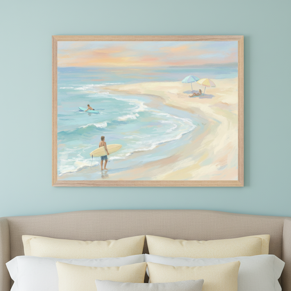 Bedroom with a light blue wall and a beige upholstered headboard. A large framed pastel painting of a beach scene with surfers and beach umbrellas hangs centered above the bed.