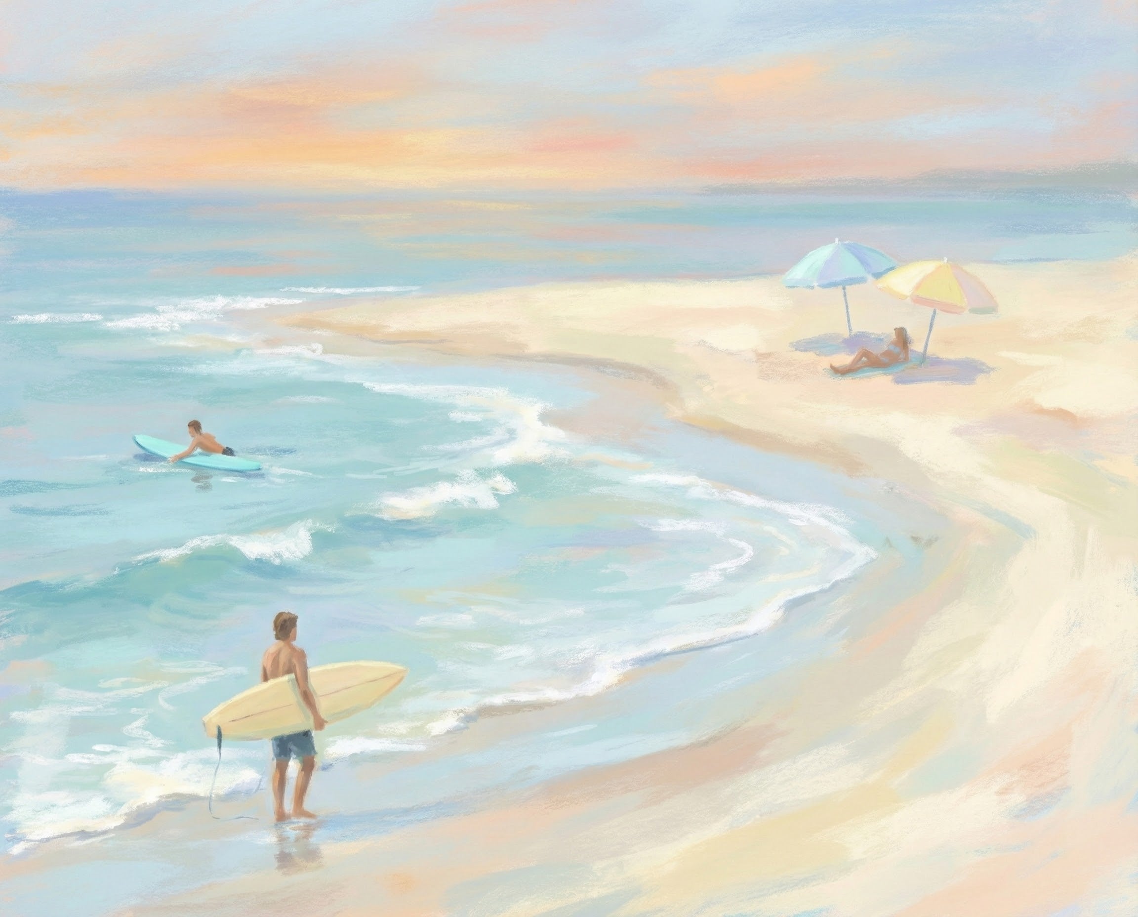 A soft pastel-style beach painting showing surfers in the water and a person relaxing under colorful umbrellas on the sand creating a calm coastal vibe perfect for surf and beach wall art.

