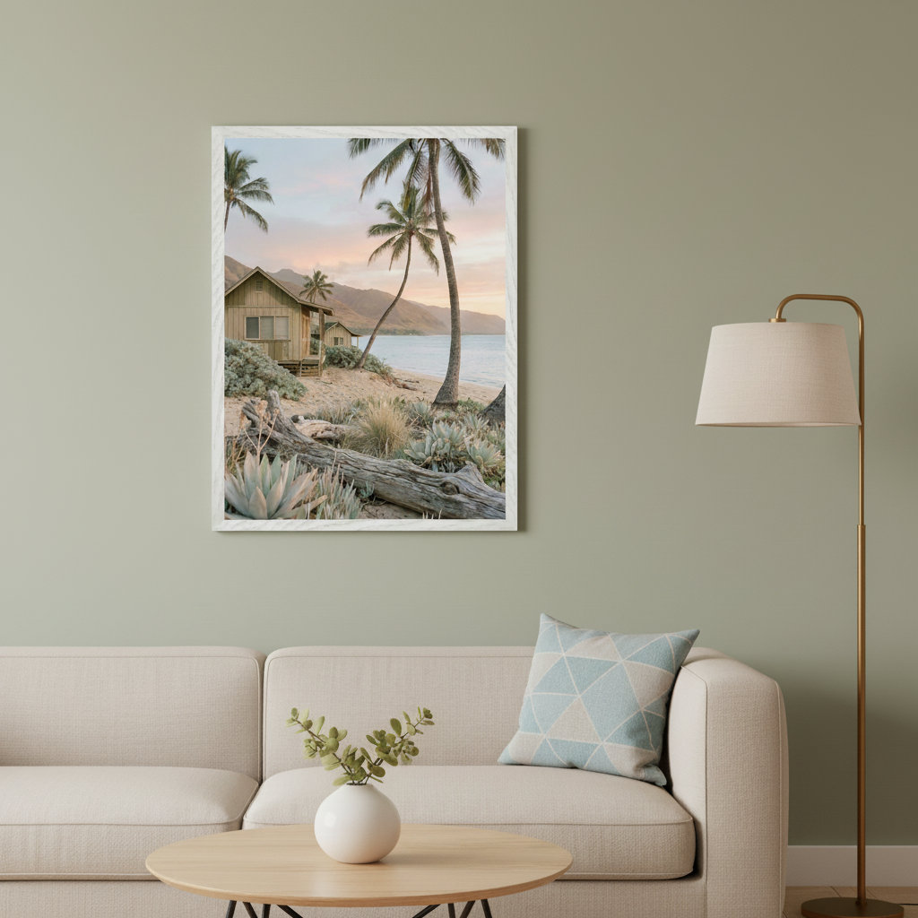Sage green living room with a light beige sofa, round wood coffee table, and a gold floor lamp. Above the sofa, a framed photo depicts a tropical beach scene with a wooden hut, palm trees, sand, and ocean under a pastel sky.