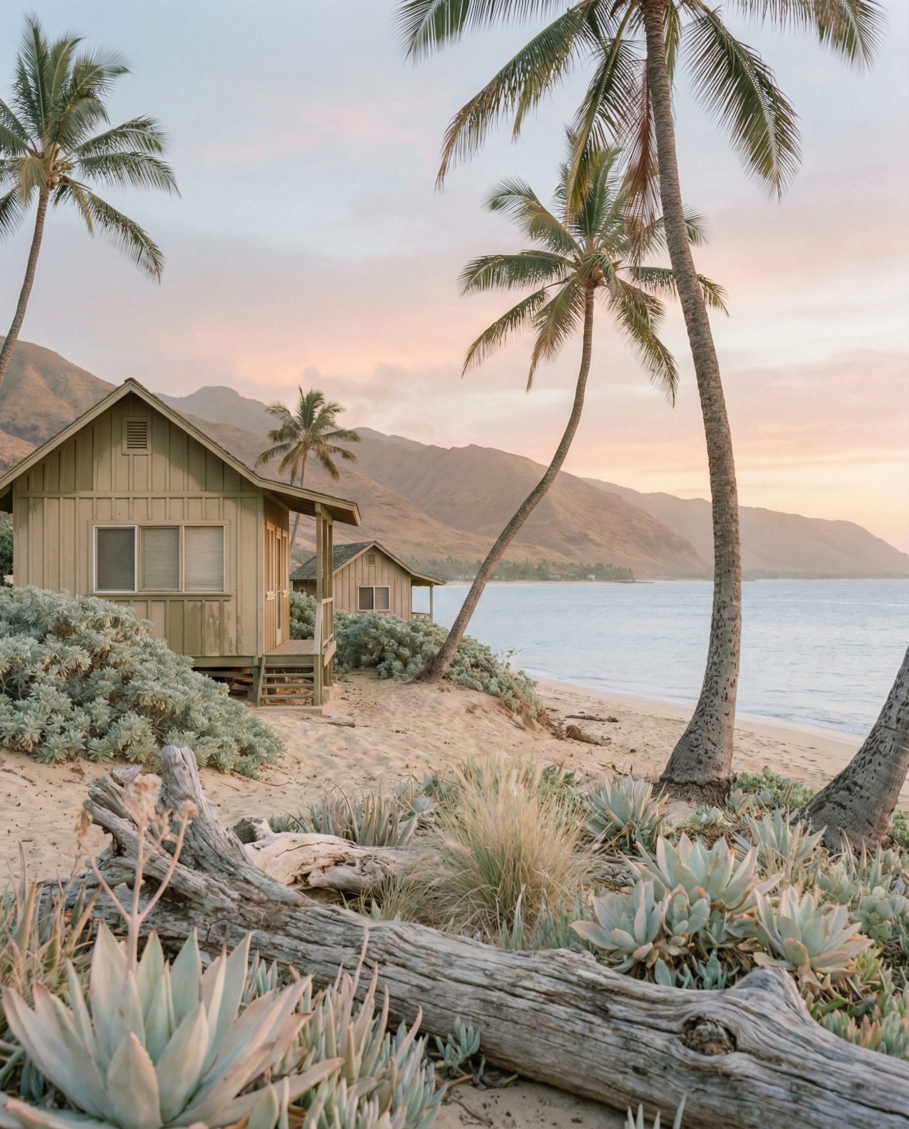 A serene photo of rustic beach cabins nestled in the sand with palm trees and tropical plants against a pink and golden sunset sky offering a dreamy coastal escape feel for beach wall art.
