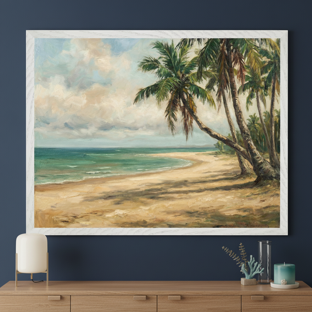 Modern room with a dark blue wall and a wooden console table. A large framed oil painting of a sandy beach with palm trees and a turquoise ocean hangs centered above the table. A lamp, vase, and candle are on the table.