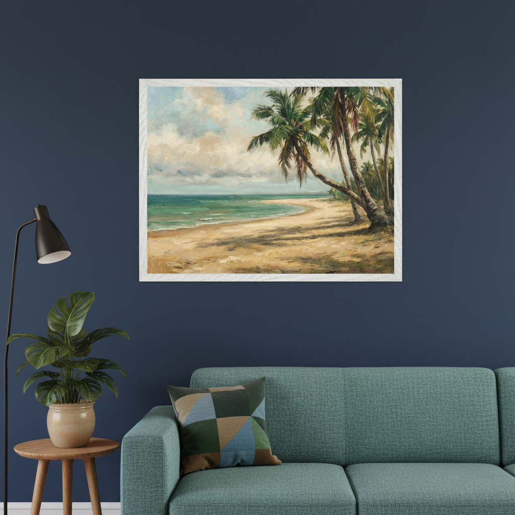 Modern living room with a teal sofa, wooden side table with a plant, and black floor lamp. A large white-framed oil painting of a tropical beach with palm trees, sand, and ocean hangs centered above the sofa on a dark blue wall.