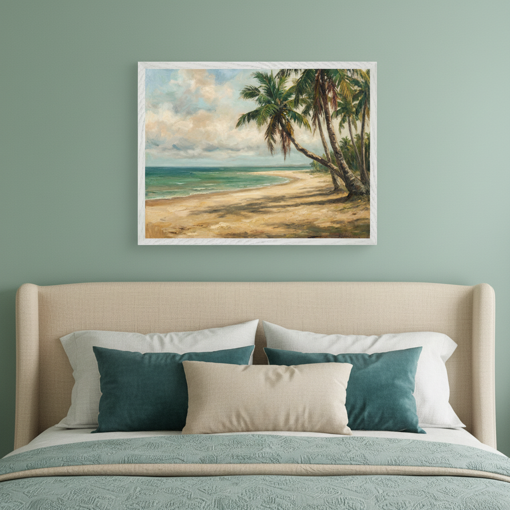 Modern bedroom with a beige upholstered bed. A framed oil painting of a sandy beach with palm trees and the ocean hangs centered above the bed.