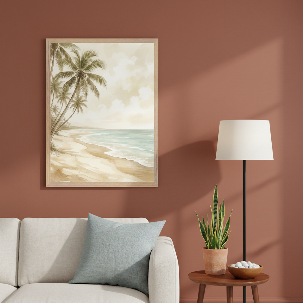 Living room with a terracotta wall, white sofa, and floor lamp. A framed painting of a tropical beach with palm trees, sandy shore, and turquoise water hangs above the sofa to the left of the lamp.