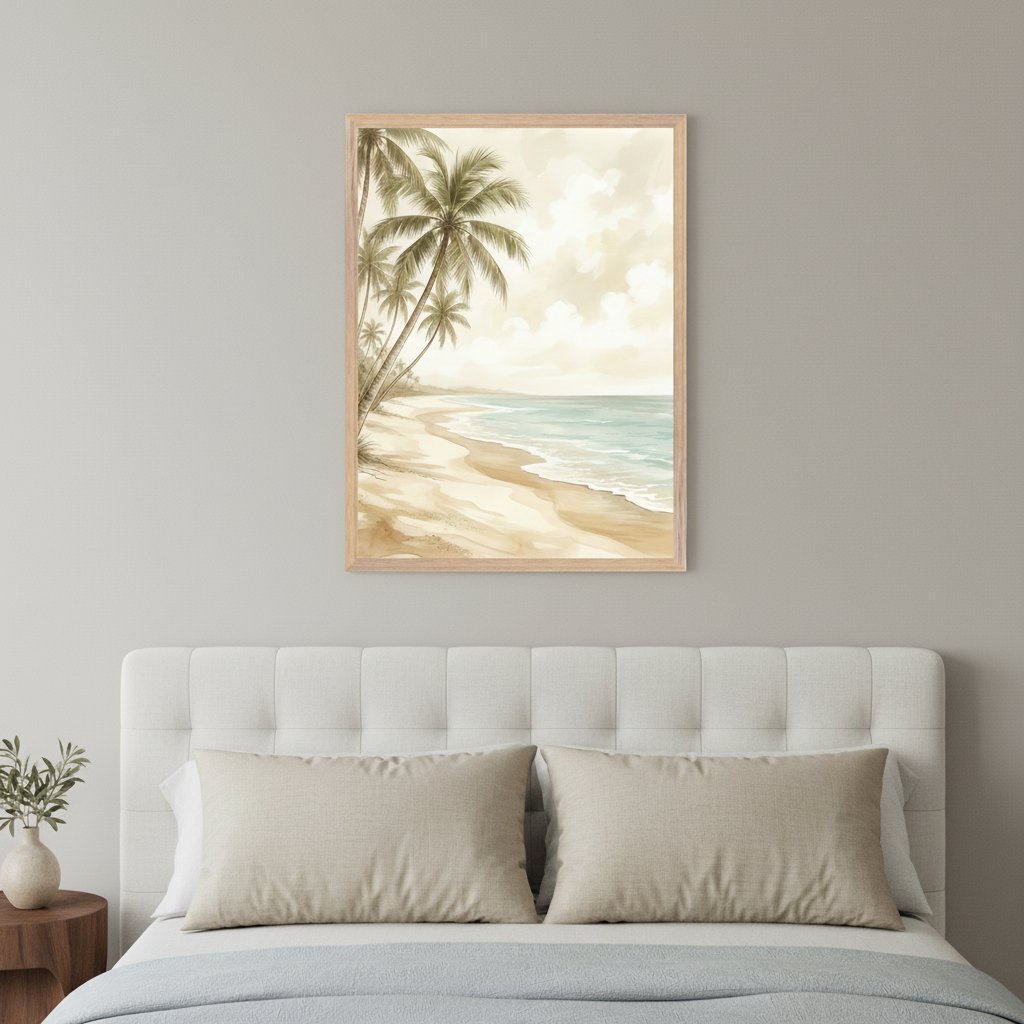 Modern bedroom with a white tufted headboard and beige pillows. A large framed watercolor painting of a tropical beach with palm trees and ocean waves hangs above the bed, off-center to the right.