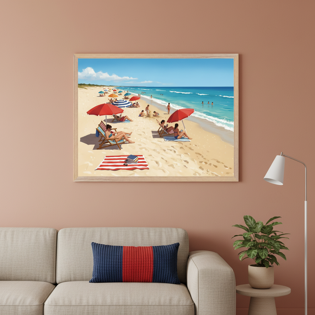 Modern living room with a light sofa and dark blue and red striped lumbar pillow. A large framed illustration of a sunny beach scene with people, red and striped umbrellas, and the ocean hangs centered above the sofa. A floor lamp and potted plant are visible to the right.