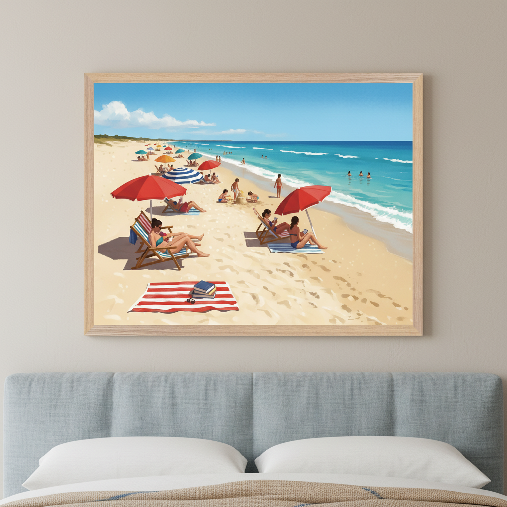 Modern bedroom with a light blue fabric headboard. A large framed illustration of a vibrant beach scene with people swimming, relaxing under red and striped umbrellas hangs above the bed.